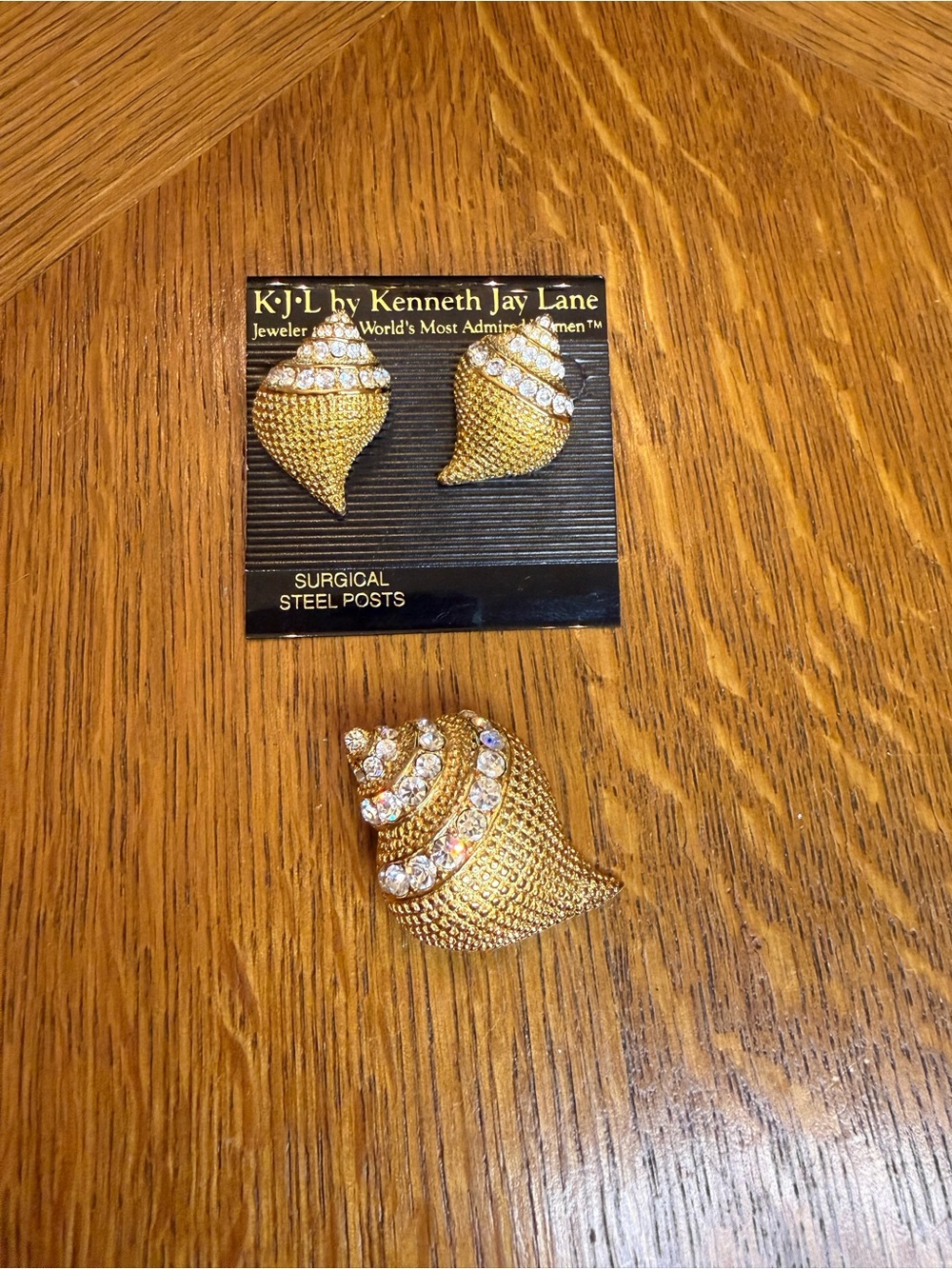 Kenneth Jay Lane Gold Tone Rhinestone Shell Brooch and Earrings Set